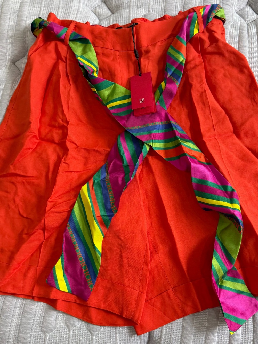 Carolina Herrera Orange Shorts with Multicolor Striped Sash